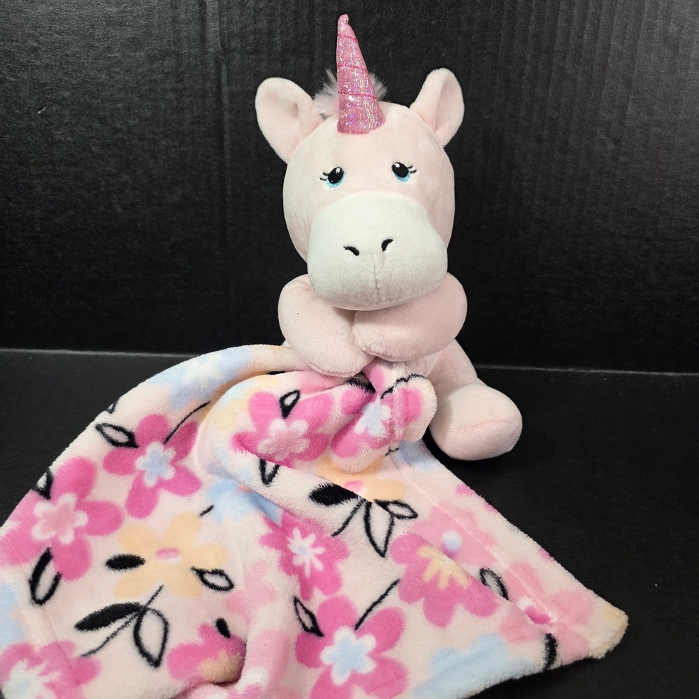 Little Beginnings Pink Unicorn Plush Holding Security Blanket Floral Lovey